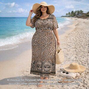 Seven Islands Boho Leopard Paisley Maxi Dress 2X Stretch Waist Tie Front